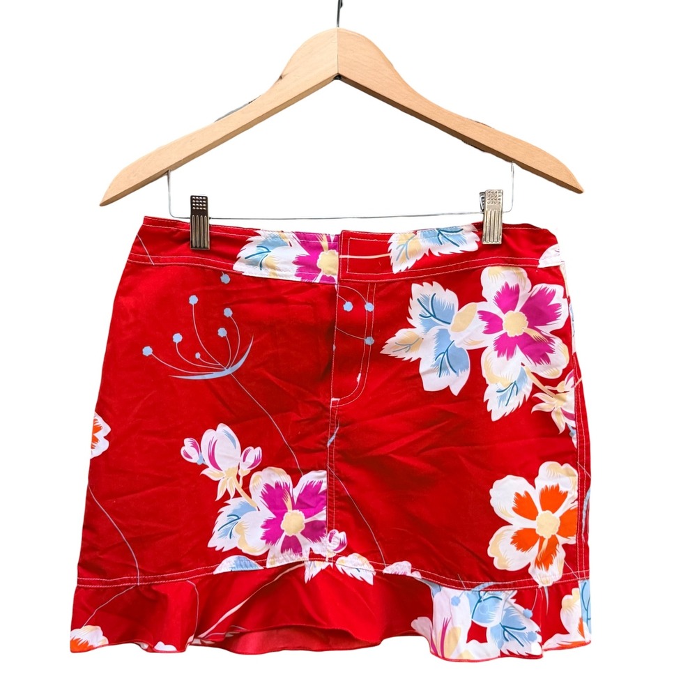 BW Sport Vintage Skirt Womens 6 Red Floral Tropical Ruffle Hem Hawaiian Style